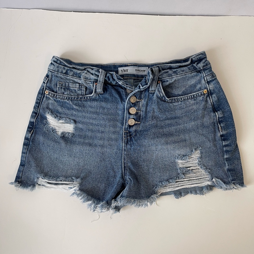 Button Fly Distressed Denim Shorts YMI Dream Denim 5/27